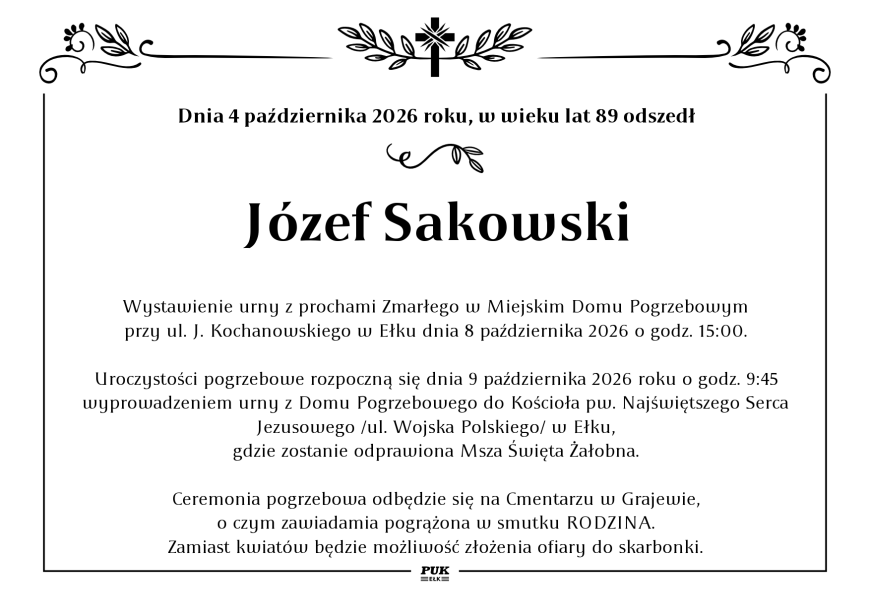 Józef Sakowski - nekrolog
